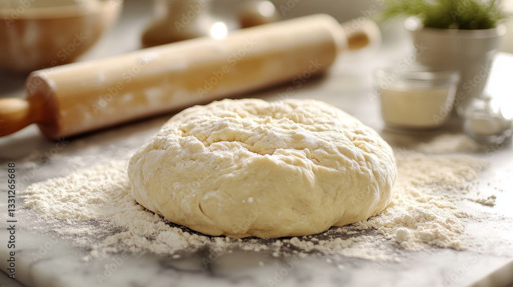 Ball of dough on a floured marble surface in the kitchen. Ball of dough on a floured marble surface in the kitchen.