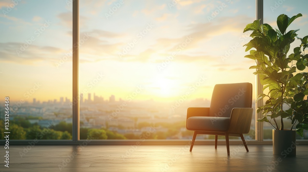 Fototapeta premium Cozy Chair in Bright Room with Sunset View Over City Landscape