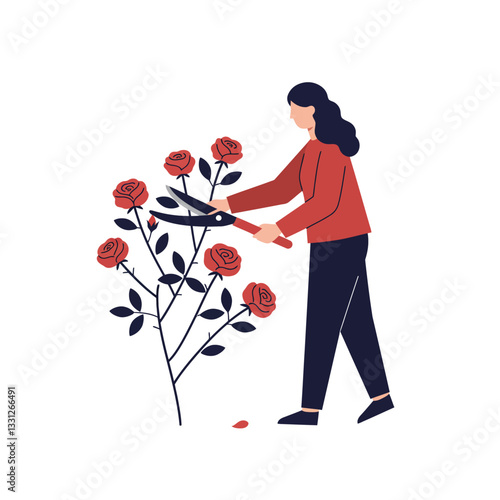 Woman Pruning Rose Bush in Minimal Flat Design Vector Art