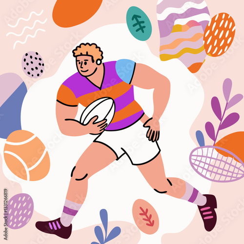 Rugby player man in dynamic mood running with the ball against a colorful abstract background