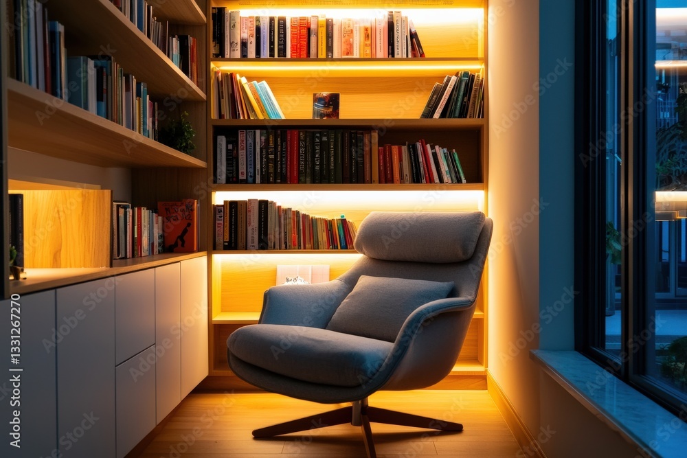 Cozy minimalist reading nook with a single armchair, soft lighting, and a neatly stacked bookshelf Cozy minimalist reading nook with a single armchair, soft lighting, and a neatly stacked bookshelf