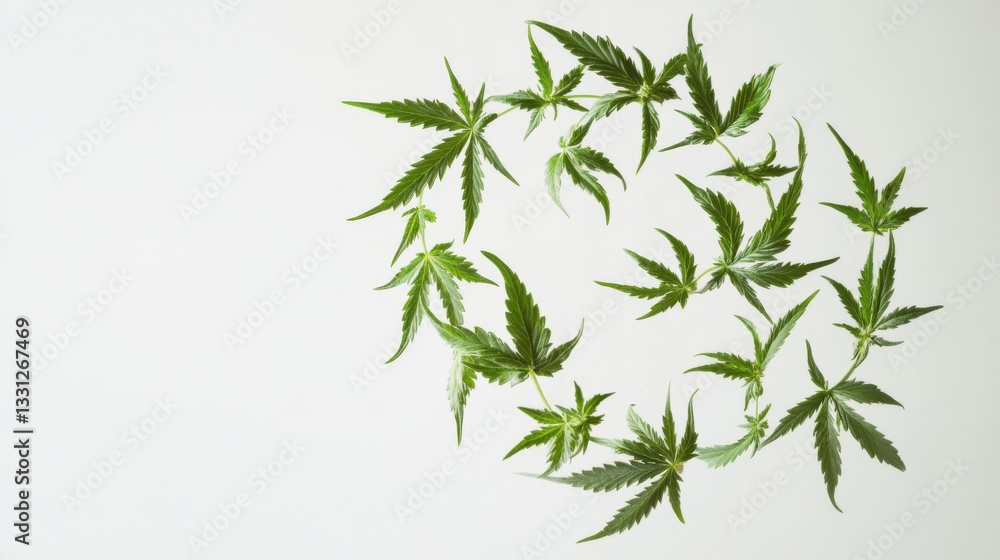 Floating cannabis leaves arranged in a spiral shape, Floating cannabis leaves arranged in a spiral shape,