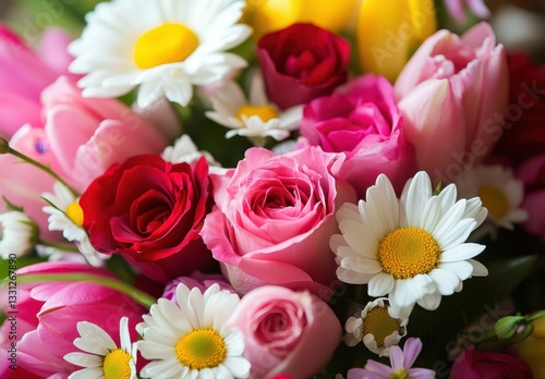 Colorful bouquet featuring a variety of flowers such as roses, daisies, tulips, and peonies arranged in a harmonious blend of vibrant colors and natural beauty