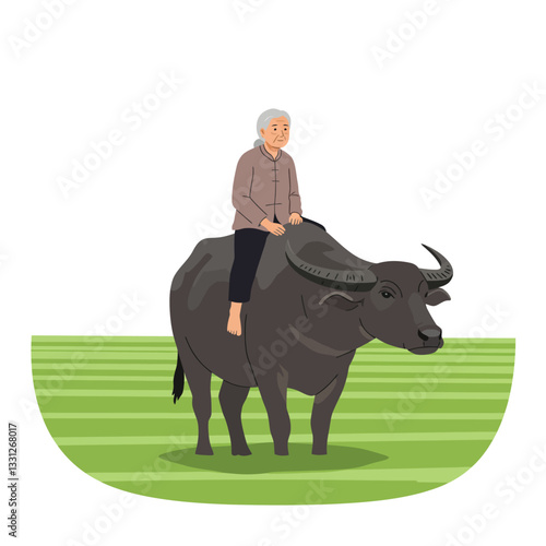 Elderly person riding a water buffalo in minimal vector illustration style vector art