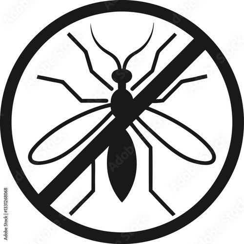 black and white icon, mosquito silhouette, circular design, no entry symbol, insect repellent logo, vector graphic, minimalist illustration, pest control emblem, sharp contrast, symmetrical compositio