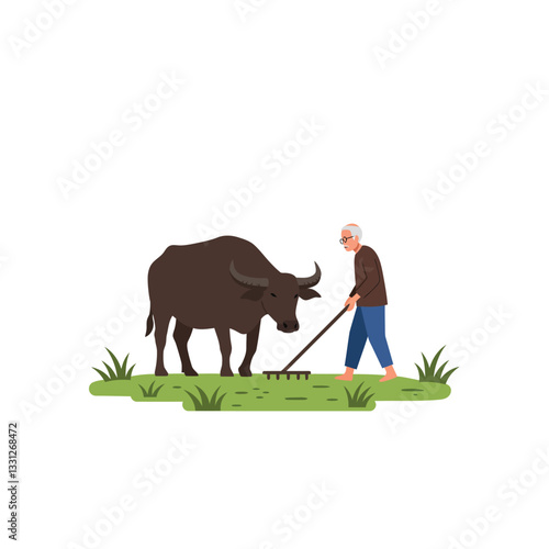 Farmer working with water buffalo in a green field flat vector illustration