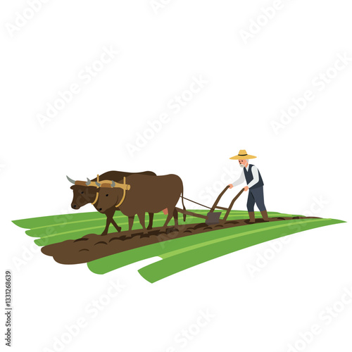 Farmer using oxen to plow fields in flat style vector art