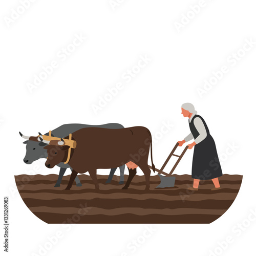 Farmer plowing field with oxen in flat vector illustration