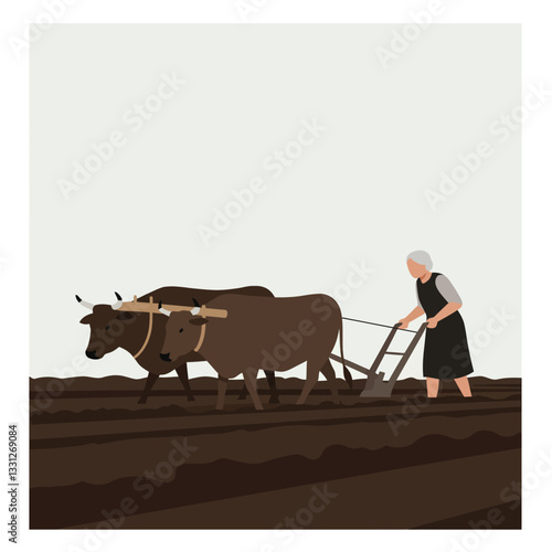Farmer plowing field with oxen in flat minimal vector illustration