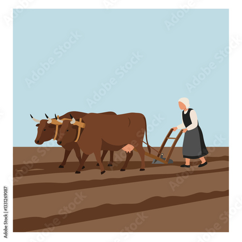Farmer guiding oxen while plowing field in flat vector illustration