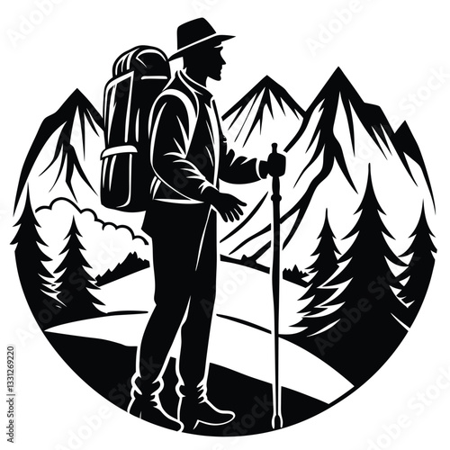 A man climbing mountain and hiking flat silhouette design