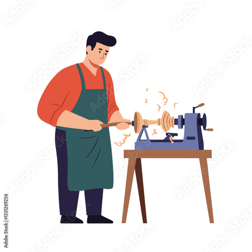 Woodworker shaping a piece of wood with lathe in flat vector art