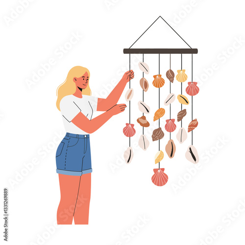 Woman arranging colorful seashells in a minimal flat design vector illustration
