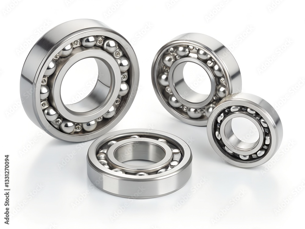 A set of four metallic ball bearings in different sizes, arranged in an artistic composition on a white background. The bearings have a highly reflective, polished silver surface with precisely placed A set of four metallic ball bearings in different sizes, arranged in an artistic composition on a white background. The bearings have a highly reflective, polished silver surface with precisely placed