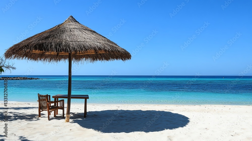 Beach hammock under a straw umbrella with clear blue skies and turquoise water. Beach hammock under a straw umbrella with clear blue skies and turquoise water.