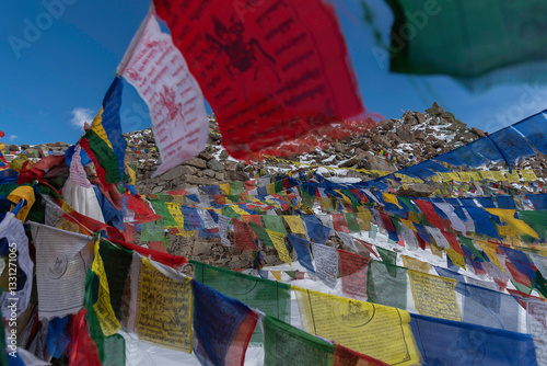 Tibetan prayer flags  Close view of prayers flags
