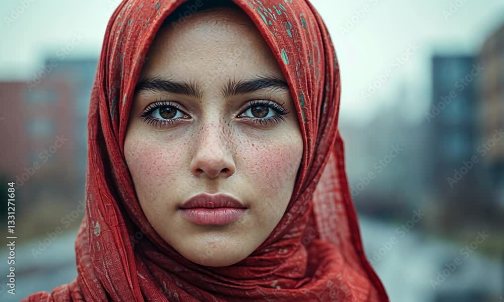 Portrait of a young woman wearing a red hijab, standing in an urban setting with blurred buildings in the background Portrait of a young woman wearing a red hijab, standing in an urban setting with blurred buildings in the background