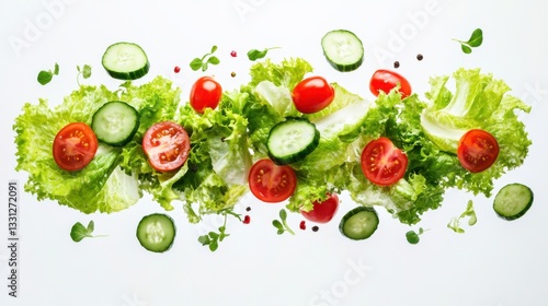 Hovering fresh lettuce, tomatoes, cucumbers, creating