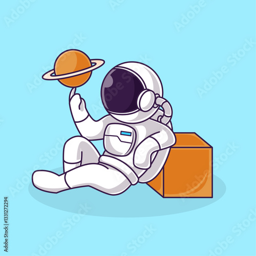 Little Astronaut Kids Spinning Miniature Planet. Cartoon Logo Illustration Design. Isolated Premium Vector File, background is easy to edit. Can use for Icon, Logo, banner, flyer or any design project