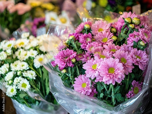 Wallpaper Mural Colorful Bouquets of Fresh Pink and White Chrysanthemums Wrapped in Cellophane on Display at a Flower Shop with Natural Lighting Torontodigital.ca