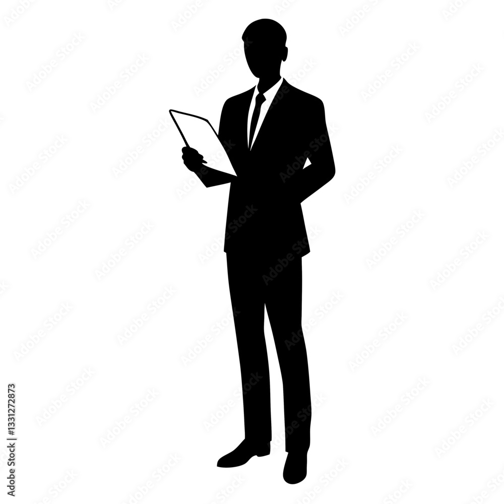 Silhouette of a businessman holding a clipboard in an office setting Silhouette of a businessman holding a clipboard in an office setting