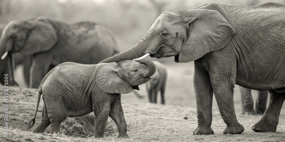 Fototapeta premium Elephant sibling comforting distressed calf african savanna wildlife photography natural habitat close-up emotional bond