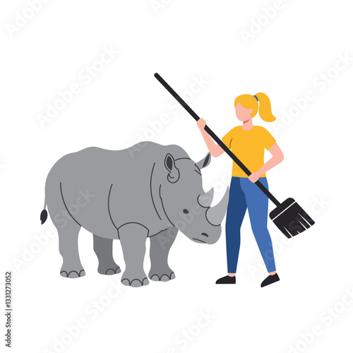 Rhinoceros and caretaker in flat minimal style vector illustration