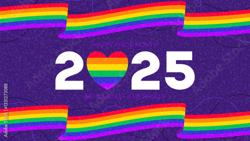 Pride Month 2025 banner. Vector illustration with wavy rainbow ribbons and typography design. Colorful Pride Month background for decoration of LGBT events, social media, cover, branding.