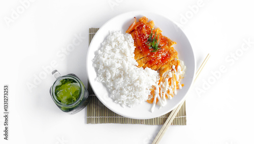 Chicken katsu, white rice and iced green tea