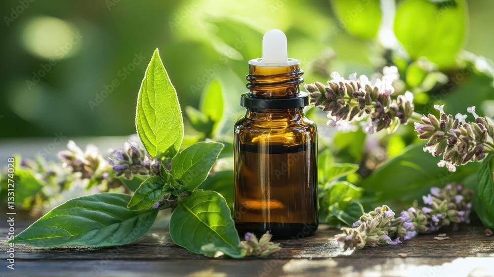 A bottle of essential oil surrounded by fresh green herbs. A bottle of essential oil surrounded by fresh green herbs.