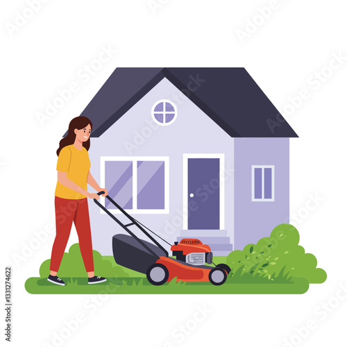 Woman mowing lawn with a lawnmower in a minimal flat vector illustration