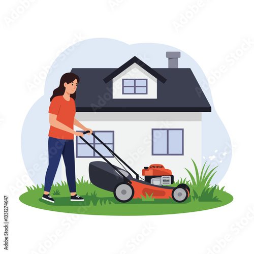 Woman mowing lawn in front of house with flat design vector art