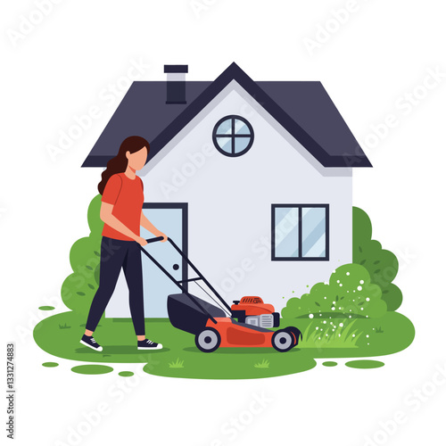 Woman mowing lawn in front of house with flat design vector art