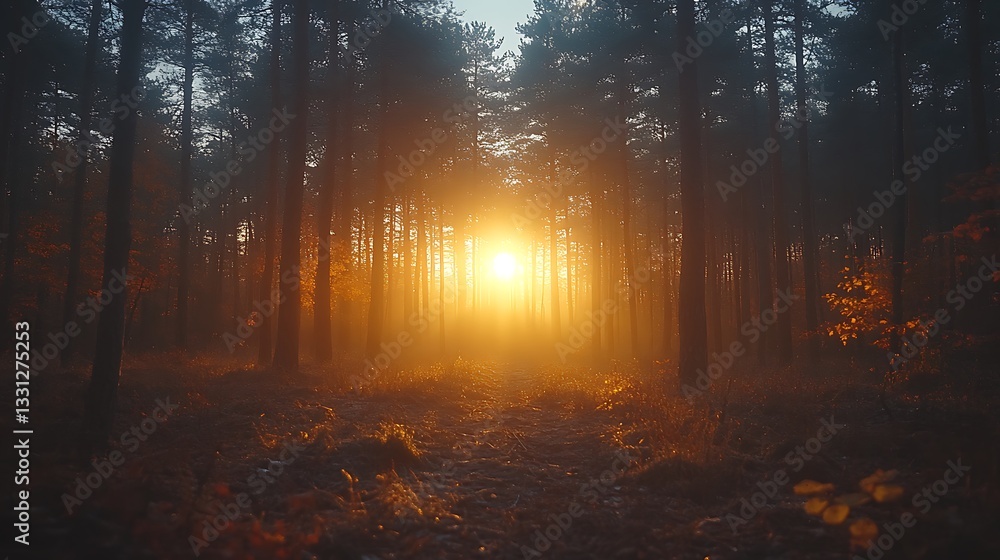 Obraz premium Misty forest sunrise, sun rays through trees.