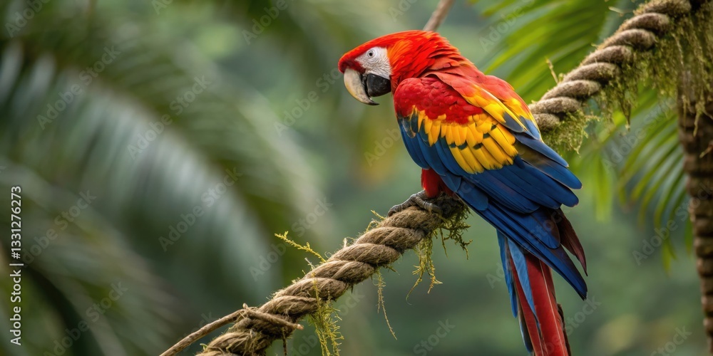 Colorful parrot preening its feathers on a vine in a lush tropical environment captured from a close viewpoint for nature photography Colorful parrot preening its feathers on a vine in a lush tropical environment captured from a close viewpoint for nature photography