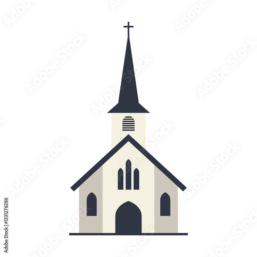 Church building design in minimal style featuring a tall steeple vector illustration