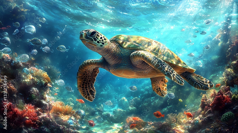 Fototapeta premium Sea Turtle Gracefully Swimming in Vibrant Coral Reef Ecosystem