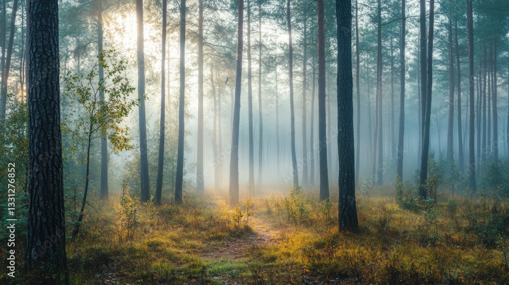 Serene morning in a pine forest, mist covering the