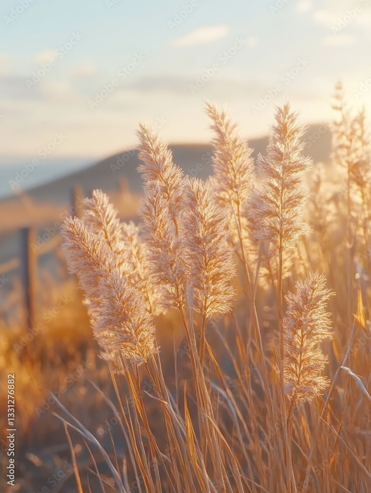 Fototapeta premium Pampas grass in a field during a golden sunset.