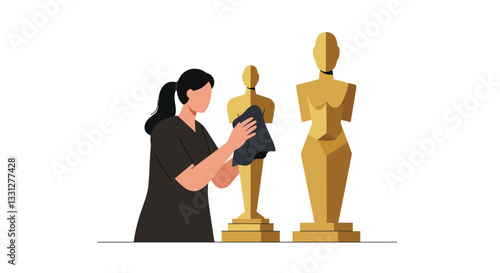 Woman polishing golden sculptures in minimal flat design vector art