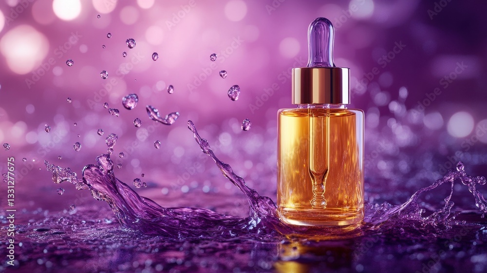 Glass dropper bottle of serum in purple liquid splash. Perfect for beauty, skincare, and cosmetic product advertising. Glass dropper bottle of serum in purple liquid splash. Perfect for beauty, skincare, and cosmetic product advertising.