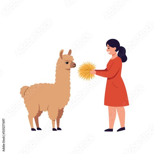 Woman feeding a llama straw in a minimal flat vector illustration