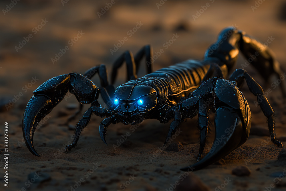 Fototapeta premium big black scorpion with glowing eyes, background
