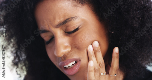 Toothache, sad and face of African woman at home for dental decay, poor oral hygiene and gum health pain. Gingivitis, bad breath and cavity bacteria with person for inflammation, tmj and crisis