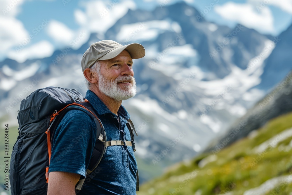 An elderly man goes on a hike in the mountains with a backpack. An elderly man goes on a hike in the mountains with a backpack.