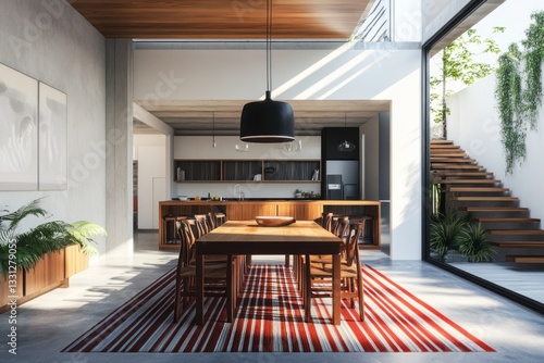 Wallpaper Mural Modern open-plan kitchen and dining area with wooden furniture, large windows, and a staircase. Torontodigital.ca