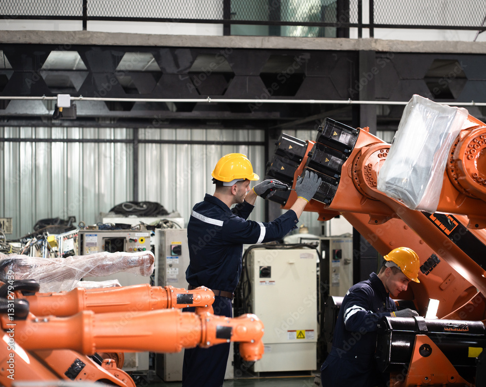 Fototapeta premium Engineer Caucasian male use tablet computer checking robot arm 