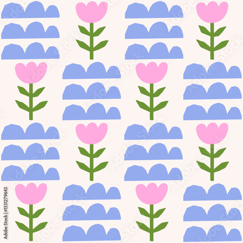 Cute geometric seamless pattern with hand drawn shapes on a beige background. Simple groovy modern design. Blue, green and pink colors. Vector illustration