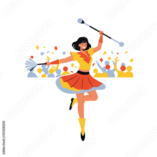 Cheerleader performing dynamic dance with baton in flat vector art style