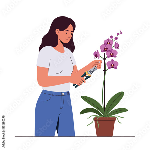 Woman tending to an orchid plant using pruning shears in flat vector illustration